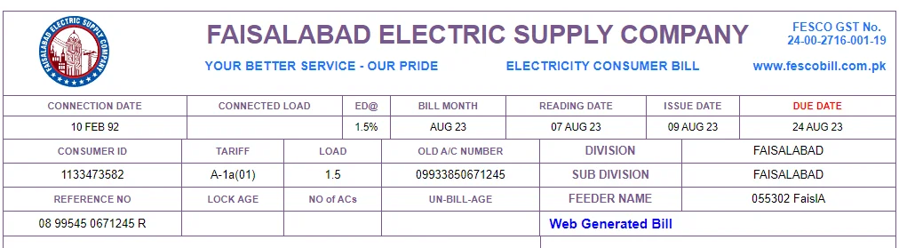 This image helps You to check your Faisalabad Electric Supply Company bill by entering your 14-digit reference number or 10-digit customer ID by finding it in the bill.